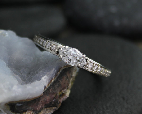 14k White Gold Marquise Diamond Ring, East West Marquise, Vintage Inspired Engag