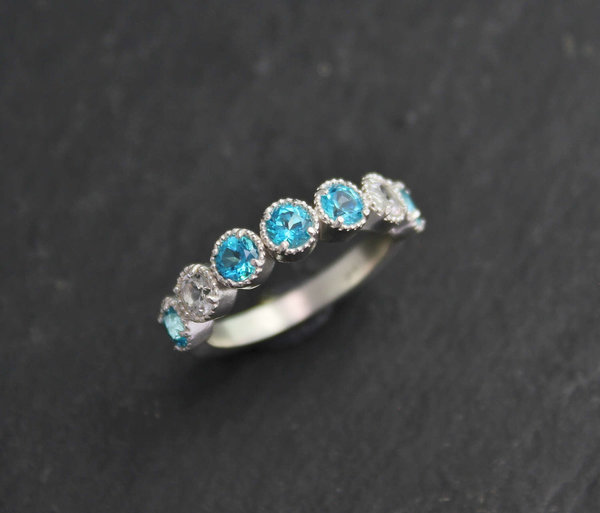 Seven Stone Ring in Sterling Silver, Paraiba Blue Topaz and White Topaz, Multistone Ring, Unique Statement Ring, Ready to Ship Size 6.25