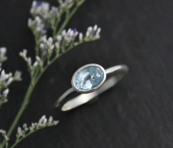 Oval Aquamarine Ring, Oval Stacking Ring, Sterling Silver, Aquamarine Solitaire, Bezel Set, March Birthstone, Ready to Ship Size 6.5