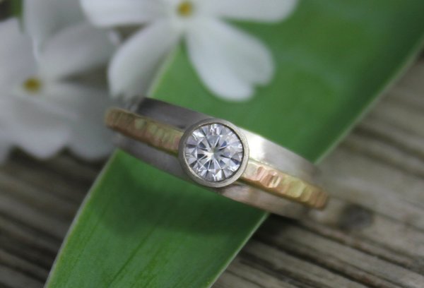 Moissanite Engagement Ring, 14k White and Yellow Gold, 5mm Round Moissanite, Hammer Textured Ring, Conflict Free, Ready to Ship Gold Ring