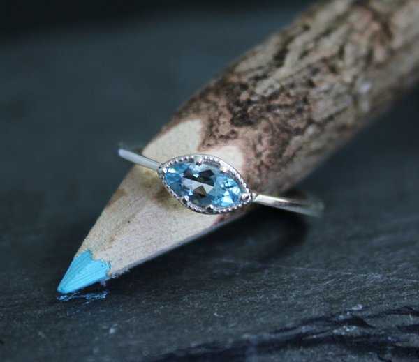 Sterling Silver Marquise Aquamarine Ring, Vintage Inspired East to West Ring, Sideways Marquise Ring, Genuine Aquamarine