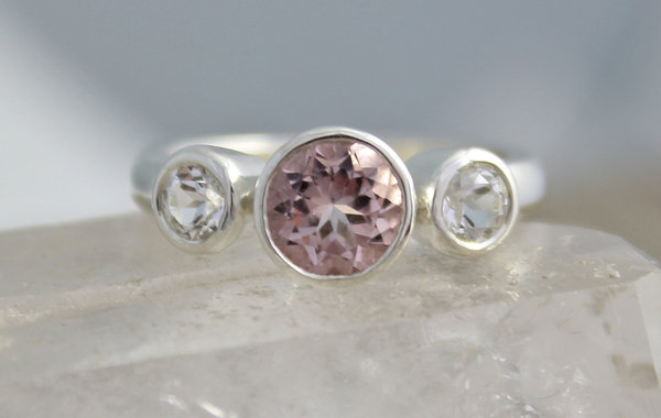 Morganite and White Topaz Ring // Three Stone Ring // Bezel Set // Sterling Silver Ring // Past Present Future Ring // Eco Friendly